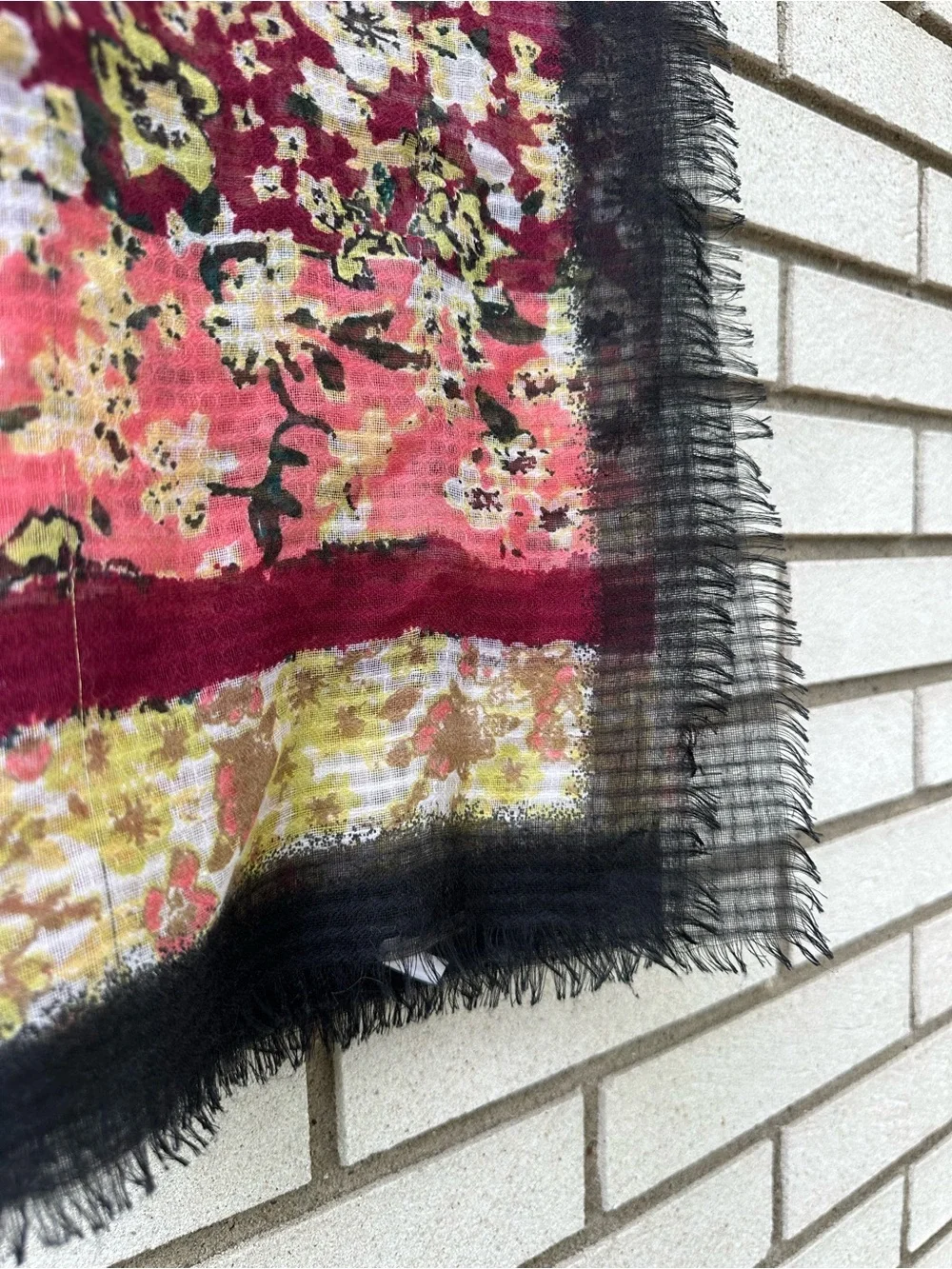 J. Jill Floral Gauze Scarf Black Fringe Boho Square Lightweight Wrap Cottagecore